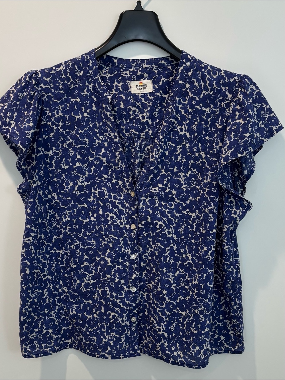 Marine Layer Blue Floral Cotton/Lyocel Button-Up Flutter Sleeve Blouse Sz Large